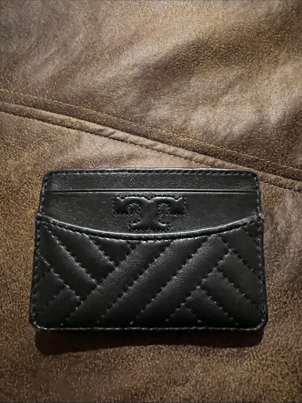Tory Burch Black Quilted Leather Card & Key Holder